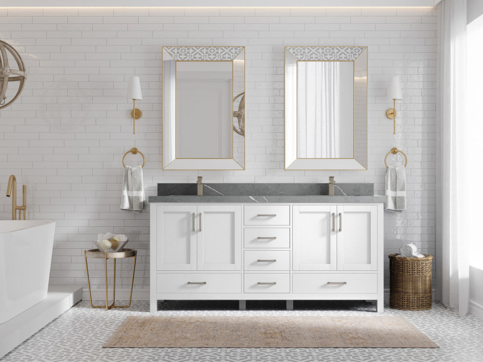 Malibu 72 Double Sink Bath Vanity in White  2" Piatra Gray