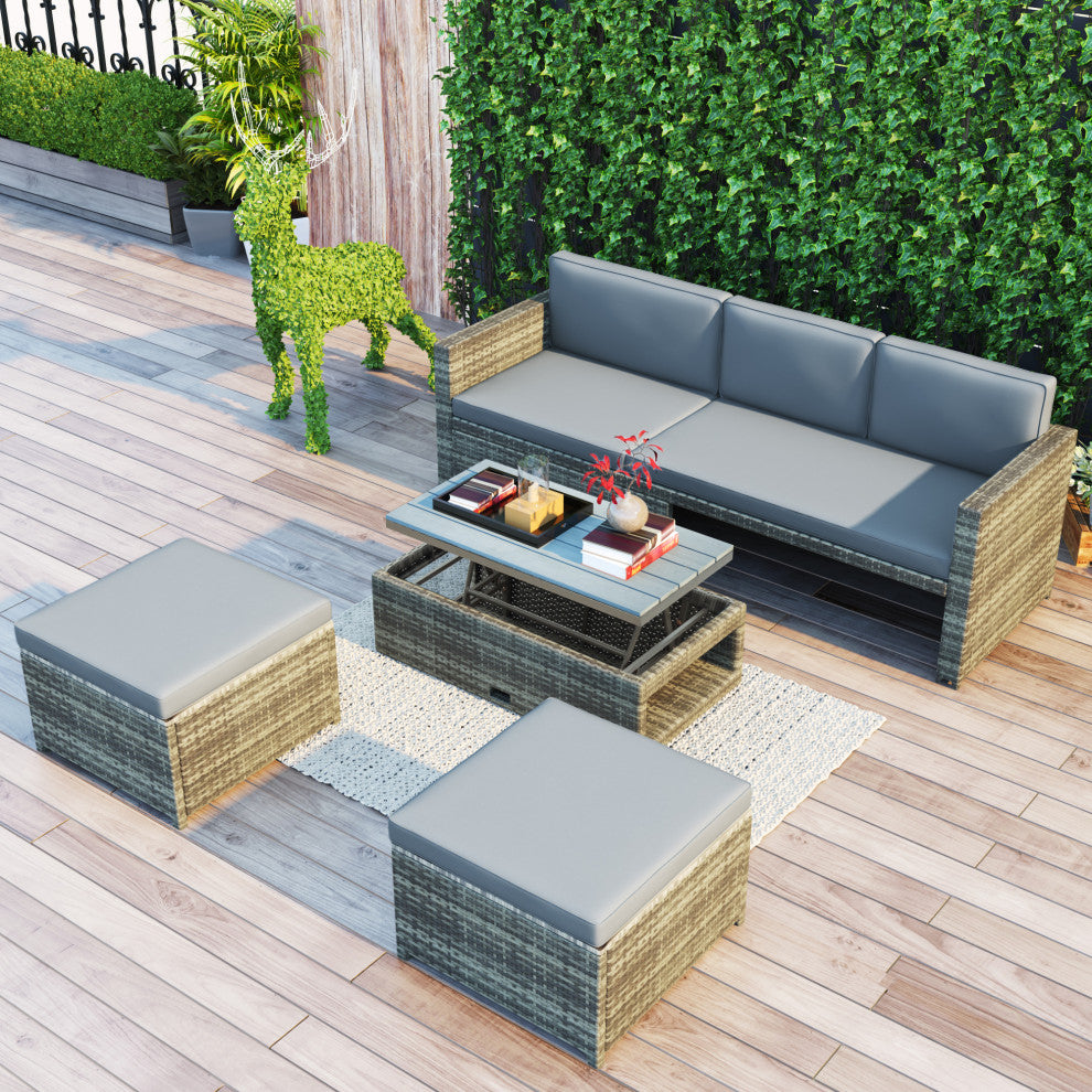 4 Pieces Outdoor Rattan Patio Sectional Sofa Set With Retractable Table