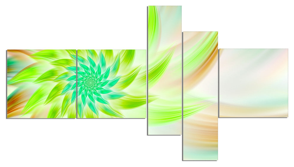 Huge Bright Green Fractal Flower, Floral Canvas Art Print, 60"x32", 5 panels