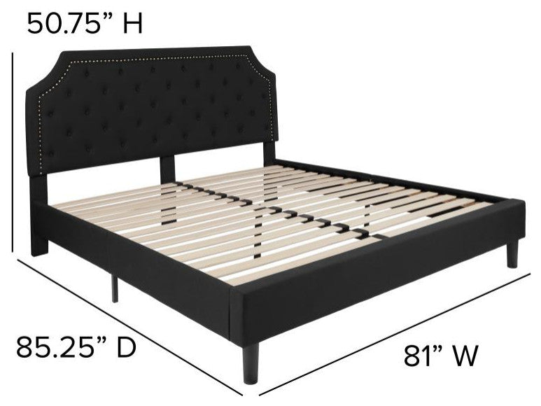 Roxbury Upholstered Platform Bed -10 Inch Foam & Pocket Spring Mattress, Black With Nail Trim, King
