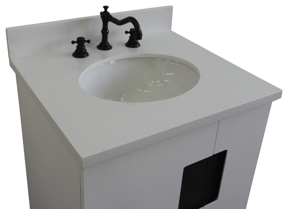 25" Single Sink Vanity, White Finish With Engineered Stone Top And Oval Sink
