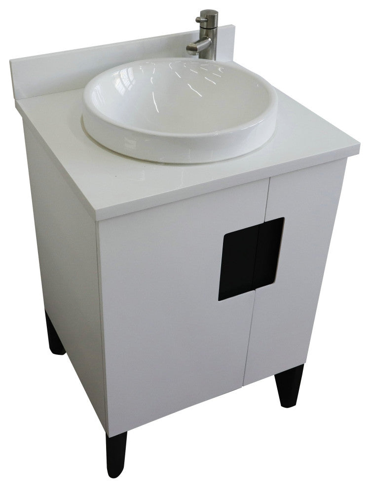 25" Single Sink Vanity, White Finish With Engineered Stone Top And Round Sink