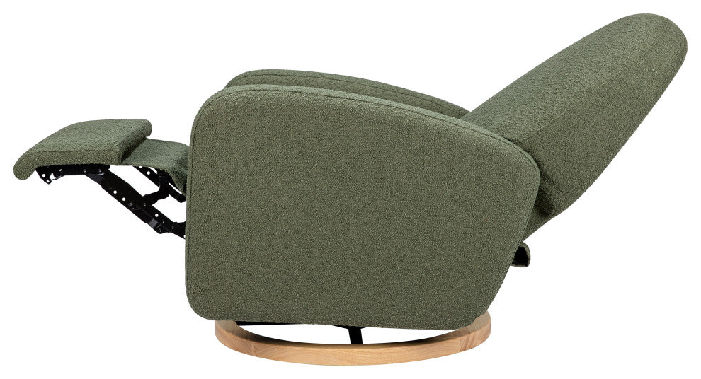 Nami Electronic Recliner and Swivel Glider Recliner, Boucle With USB port, Olive Boucle With Light Wood Base
