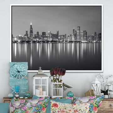 Designart Chicago Skyline Night Black White Framed Canvas Print, White, 46x36