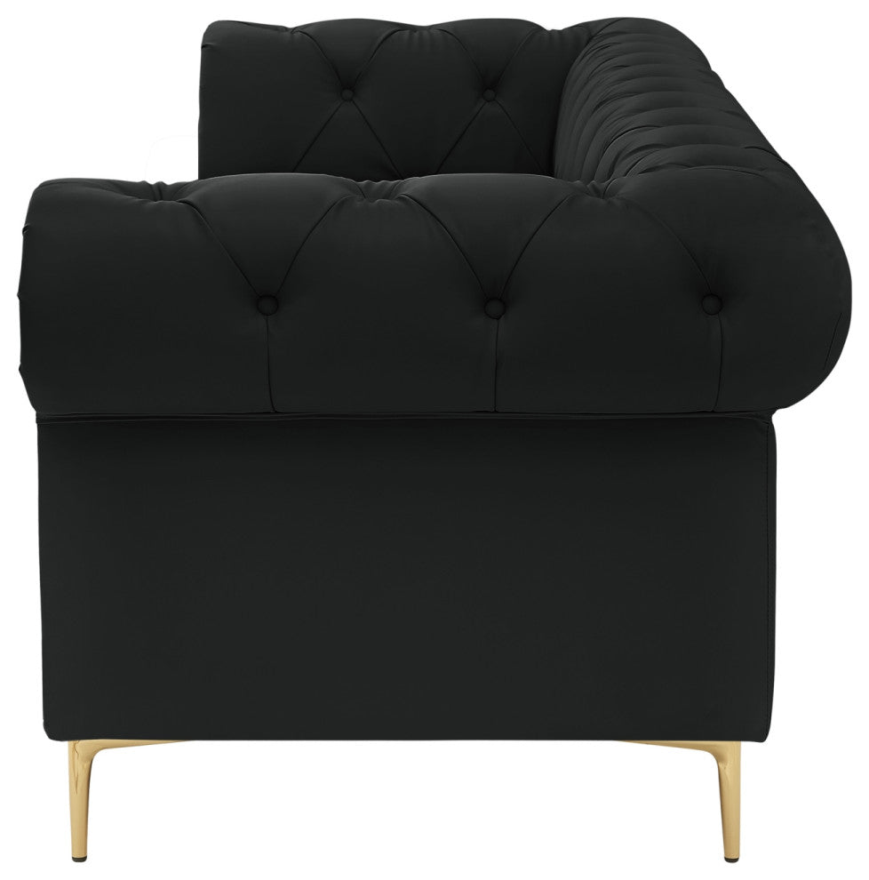 Nicole Miller Geraldine Sofa Button Tufted, 3 Seat, Black Leather PU