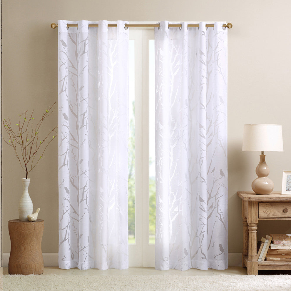 Madison Park Averil Devore Bird Sheer Window Curtain Panel, White