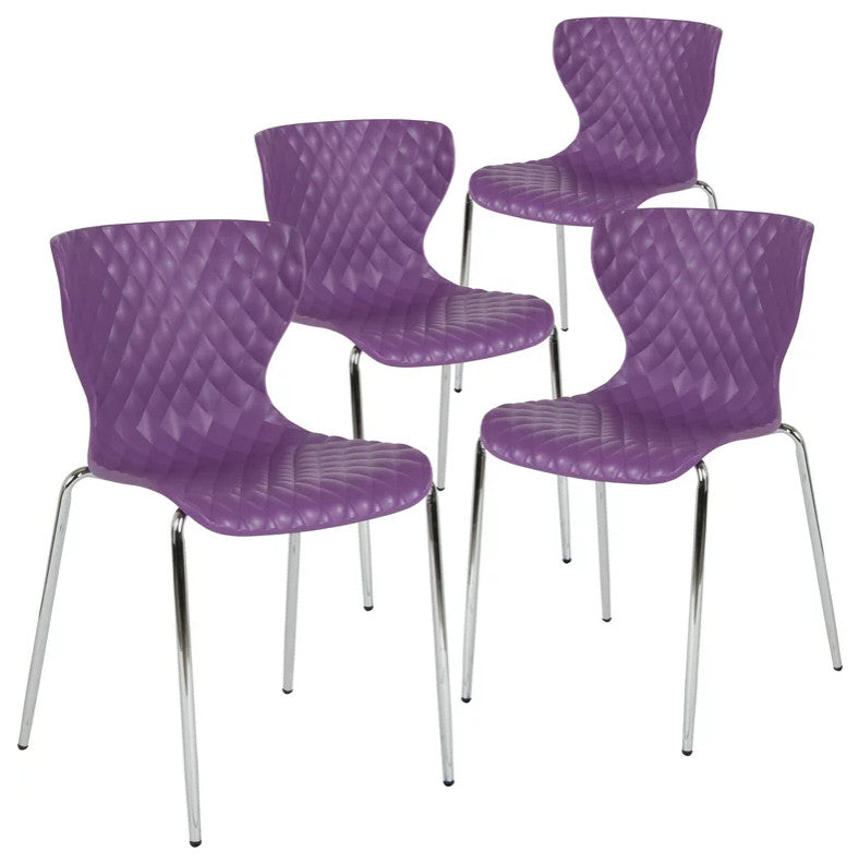 Set of 4 Stackable Dining Chair, Ripple Diamond Patterned Seat, Purple