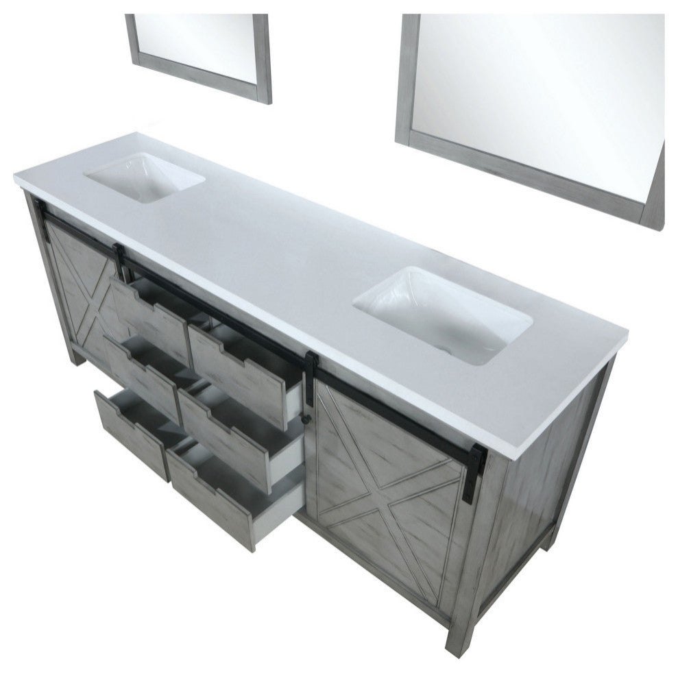 Marsyas 84" Ash Gray Double Vanity Cabinet Quartz Top Sinks, 34" Wall Mirrors