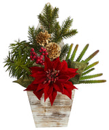 15" Poinsettia, Cactus and Succulent Faux Arrangement, Christmas Tree Planter