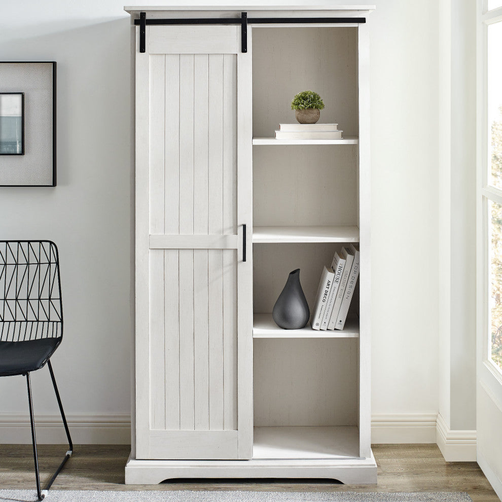 Modern Farmhouse Grooved Sliding Door Tall Storage Cabinet "“ Brushed White