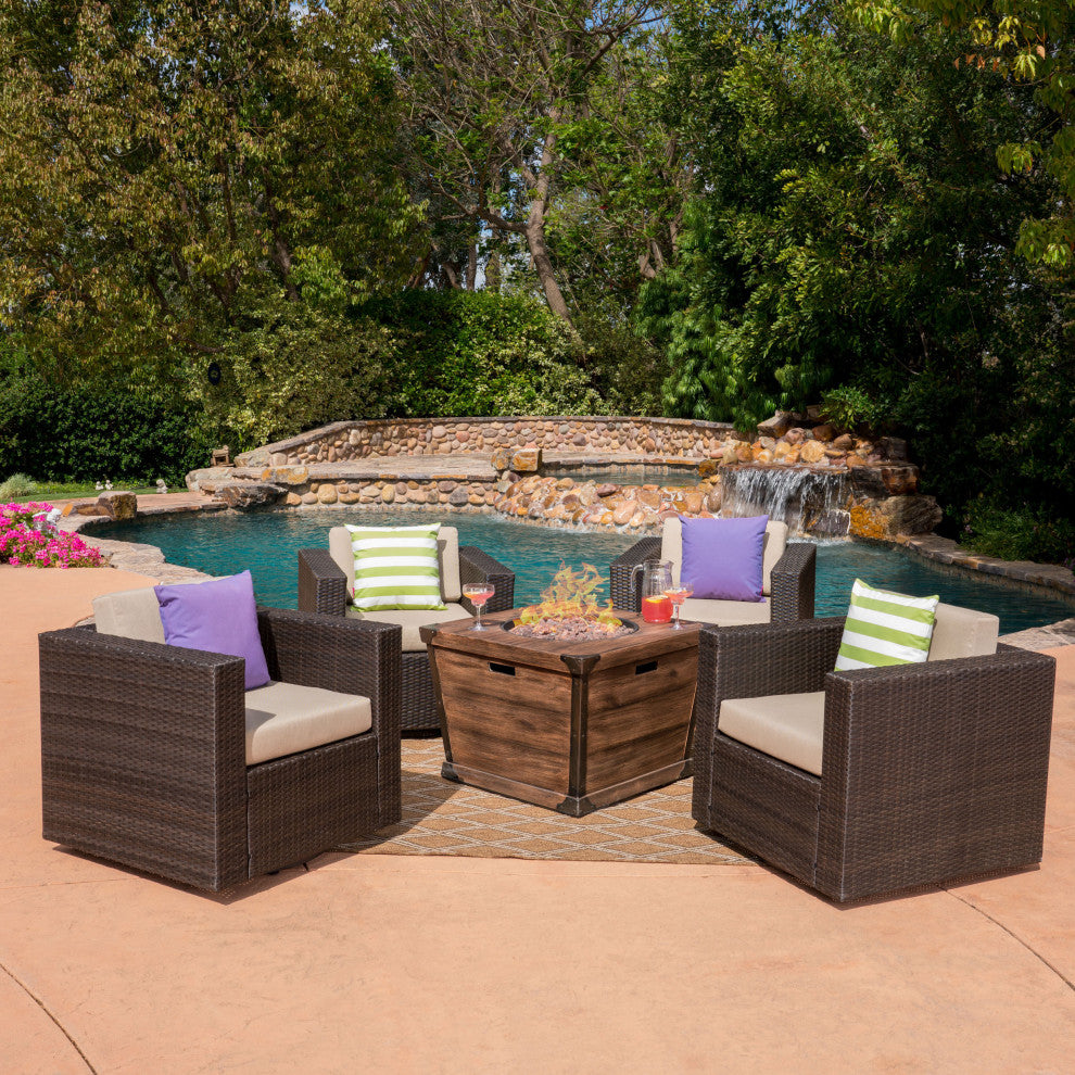 GDF Studio 5-Piece Pearson Outdoor Wicker Swivel Club Chair and Fire Pit Set