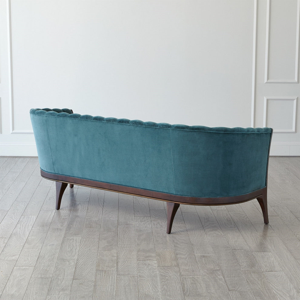 Dragonfly Aqua Blue Velvet Channel Back Sofa Vintage Style Retro Curved 3 Seat