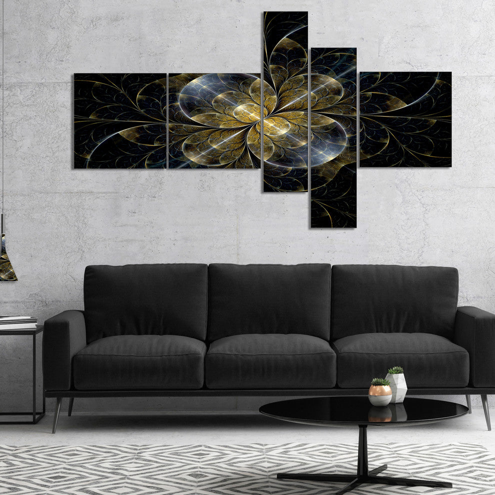 Symmetrical Golden Fractal Flower, Floral Canvas Art Print, 60"x32", 5 panels