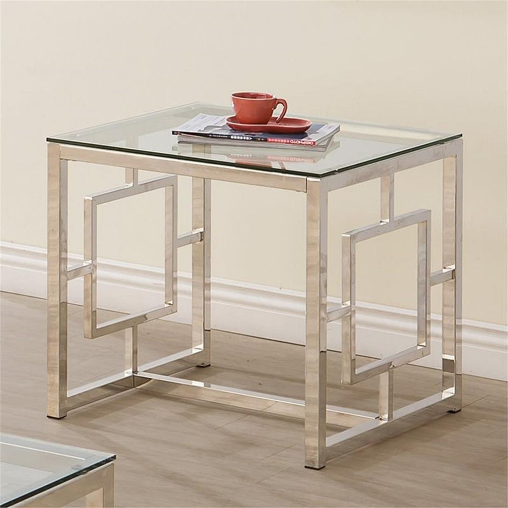 Bowery Hill End Table Coffee Accent Table Square in Glass Top and Glass - Nickel