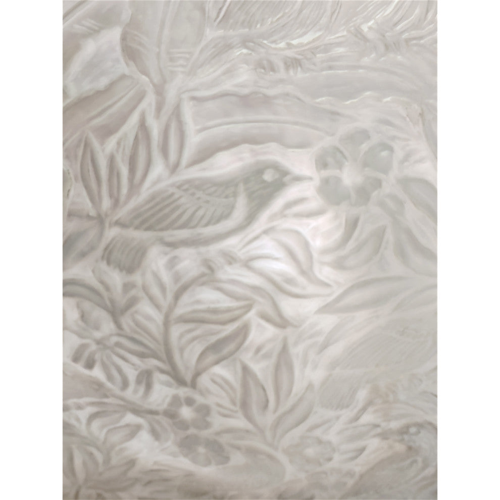 Floral Carving on South Sea Pearl Shell with Repose' Silver and facetted Garnet