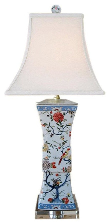 Chinese Porcelain Square Vase Table Lamp, Bird Floral Motif, 28"