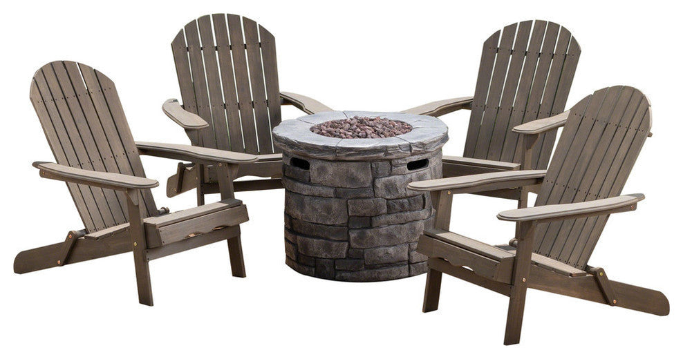 GDF Studio 5-Piece David Outdoor Adirondack Chair Set With Fire Pit, Gray