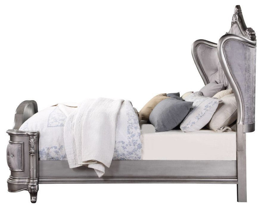 Acme Ausonia California King Bed, Velvet & Antique Platinum Finish