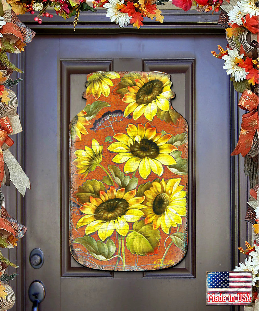 Sunflower Mason Jar Wood Door hanger