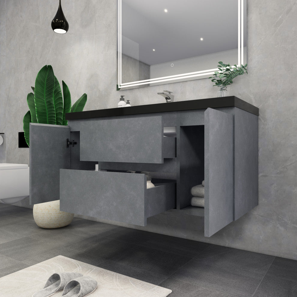 Belli 48" Wall Mounted Single Bathroom Vanity Set, Cement Gray, Matt Black Top