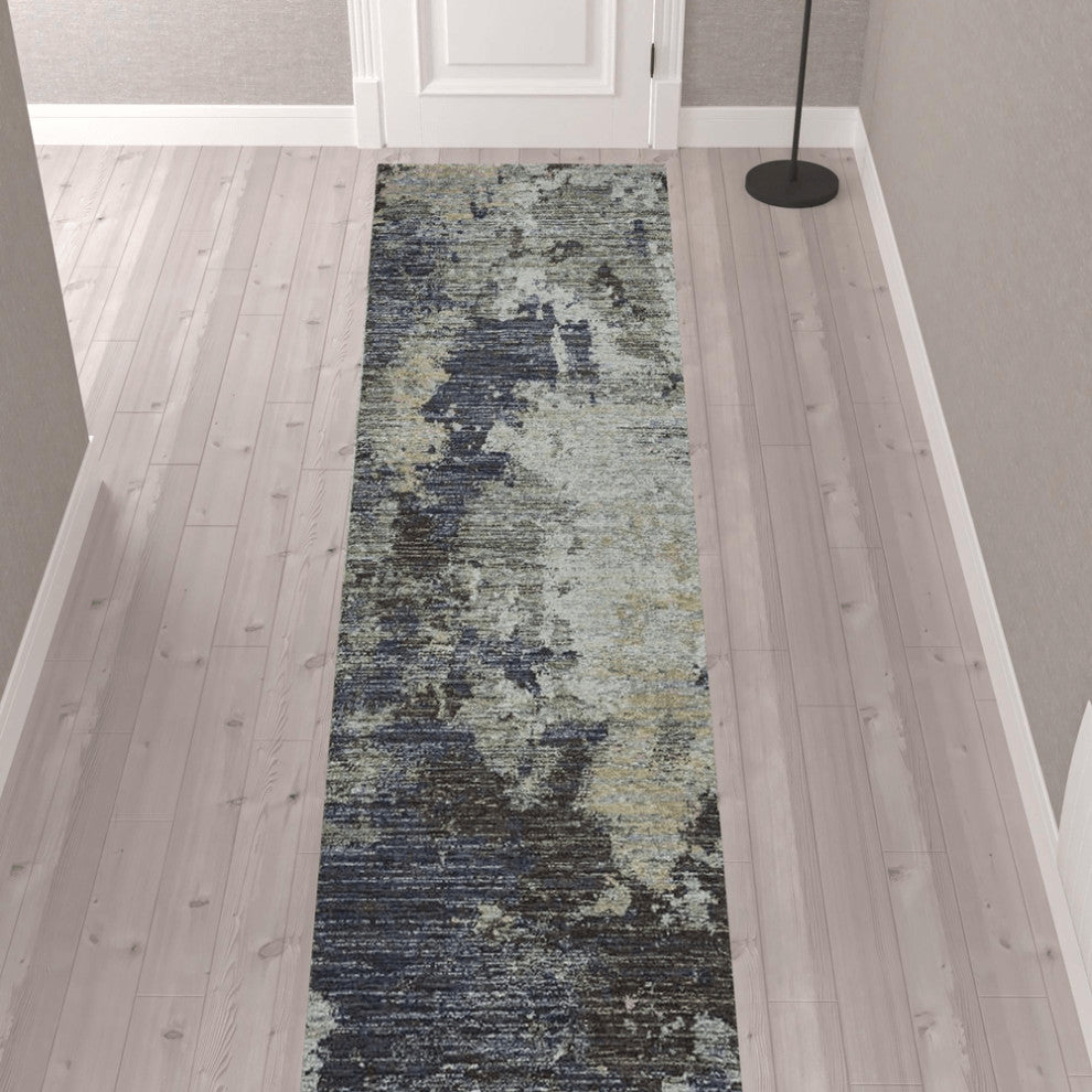 12' Runner Navy and Blue Abstract Power Loom Runner Rug