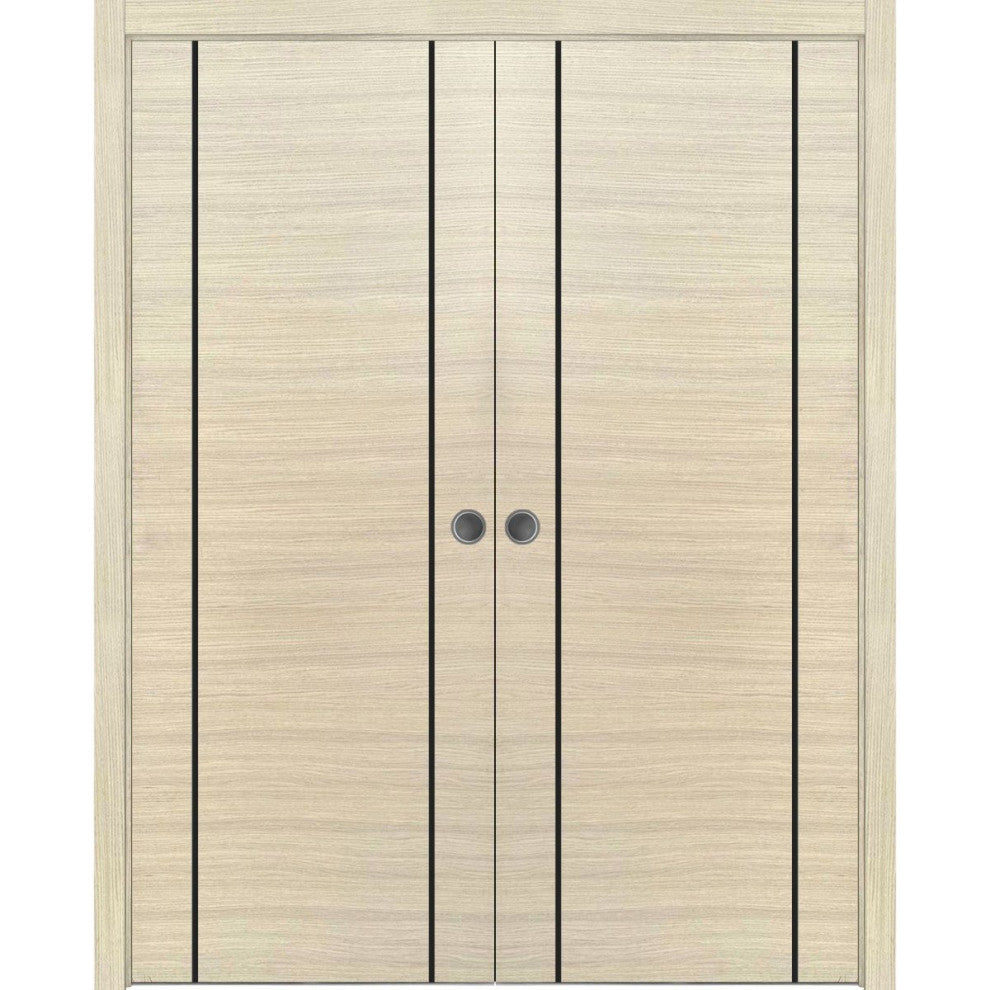French Double Pocket Doors 48x80 | Planum 0017 Natural Veneer | Kit Trims Rail