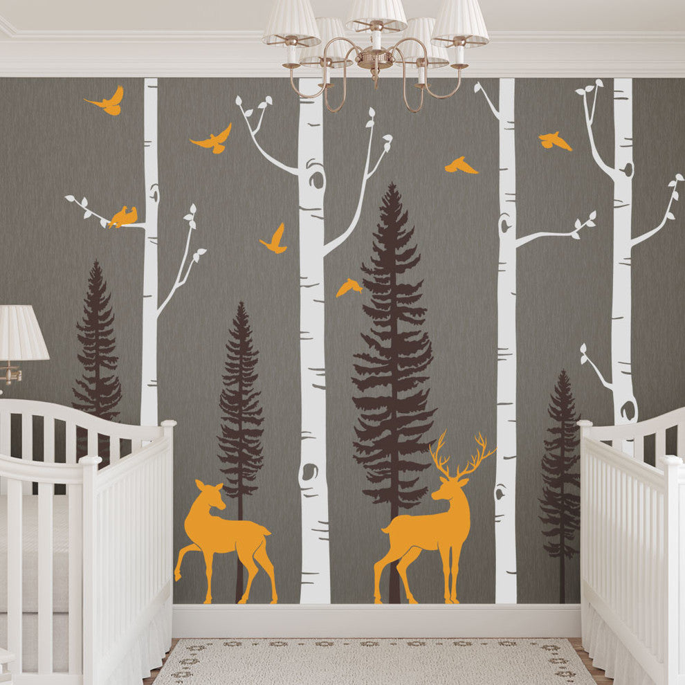 Birch Tree Wall Decal, Birds And Deer, Scheme B, 96" Tall Birch Trees