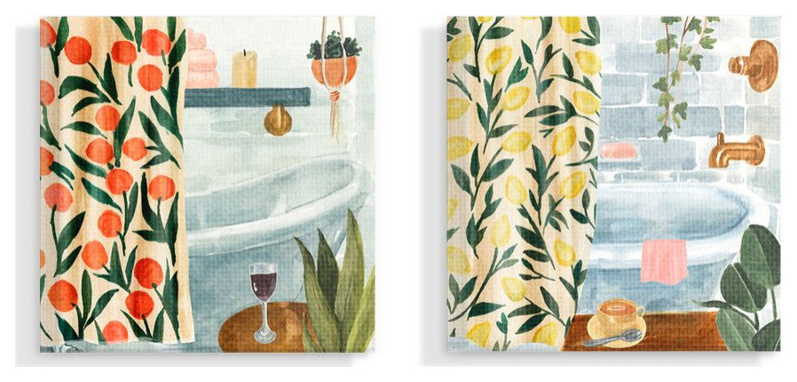 Bathroom Tub And Curtains Interior Painting 2-Piece Set, 17"x17"