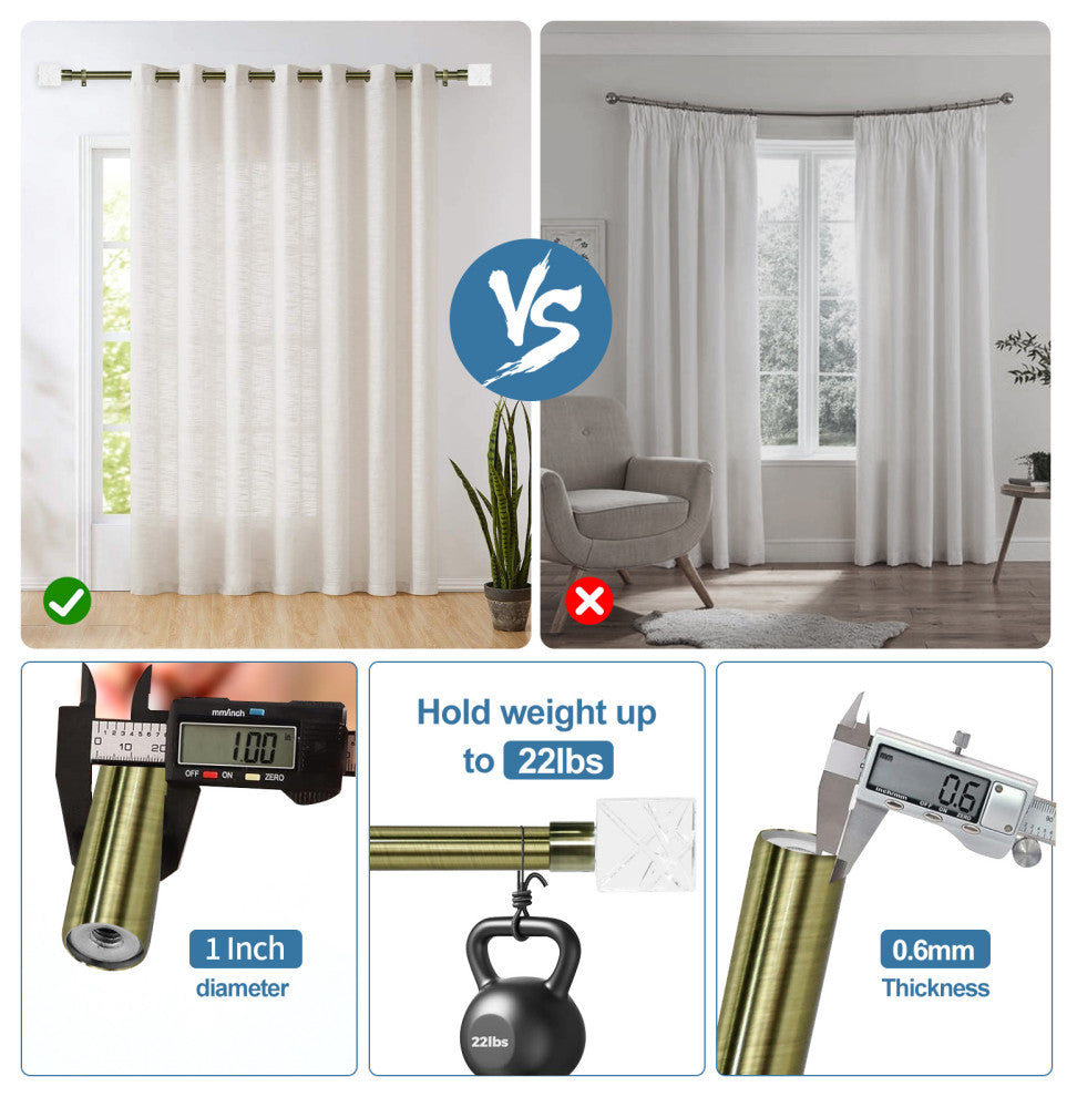 1" Diameter Cut Ice Single Drapery Curtain Rod, Antique Brass, 28"-48"