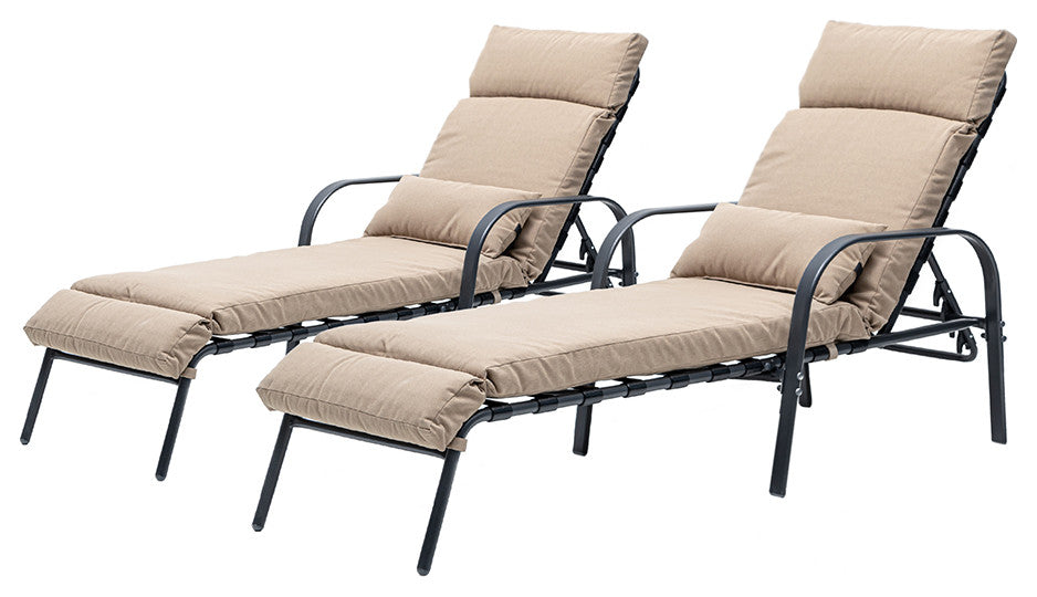 Set of 2 Adjustable Chaise Lounge Chair with Cushion & Pillow, Tan