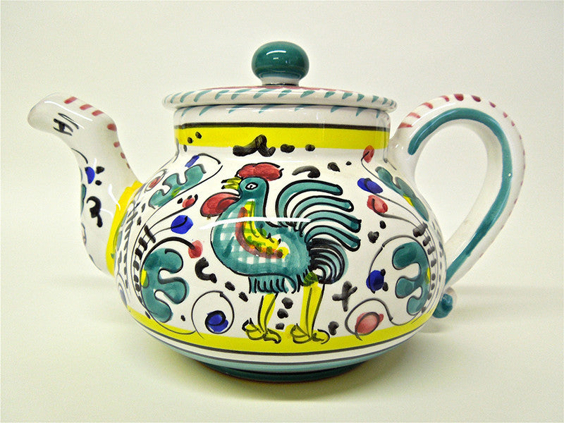 Deruta Labor Ceramiche Galletto Green Teapot and 2 Tea Cups with Saucers
