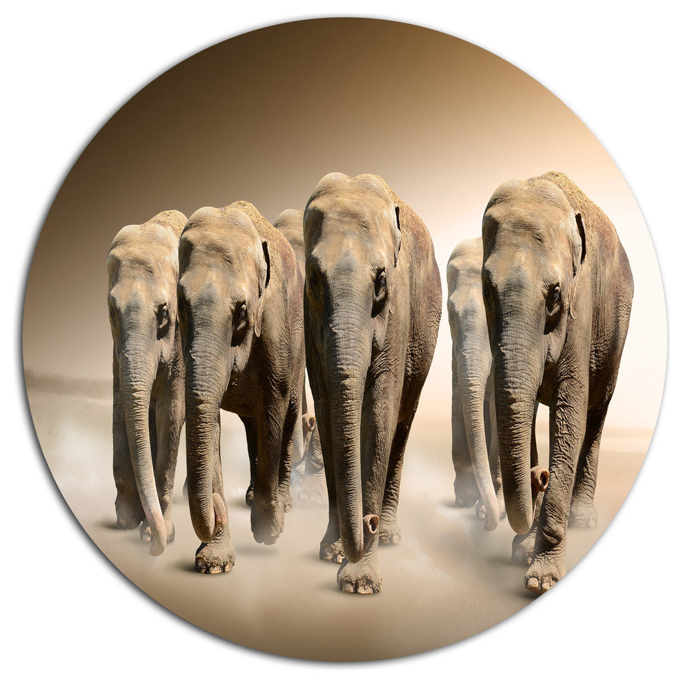 Walking Herd Of Elephants, Animal Large Disc Metal Wall Art, 23"