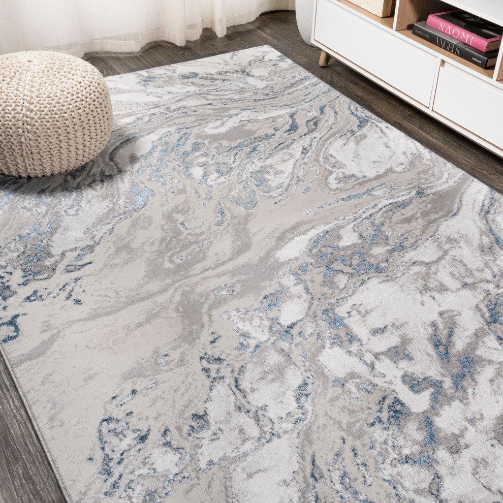 Swirl Marbled Abstract Area Rug, Gray/Blue, 4 X 6