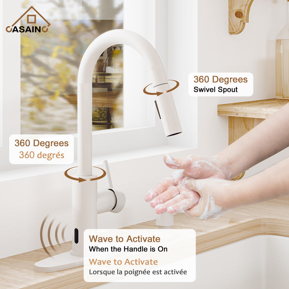 Touchless Pull Down Single Handle Kitchen Faucet With LED Function, Matte White
