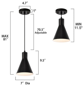 1-Light Matte Black Metal Cone Hanging Kitchen Pendant Light