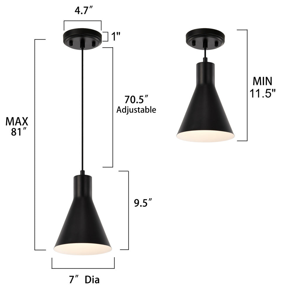 1-Light Matte Black Metal Cone Hanging Kitchen Pendant Light