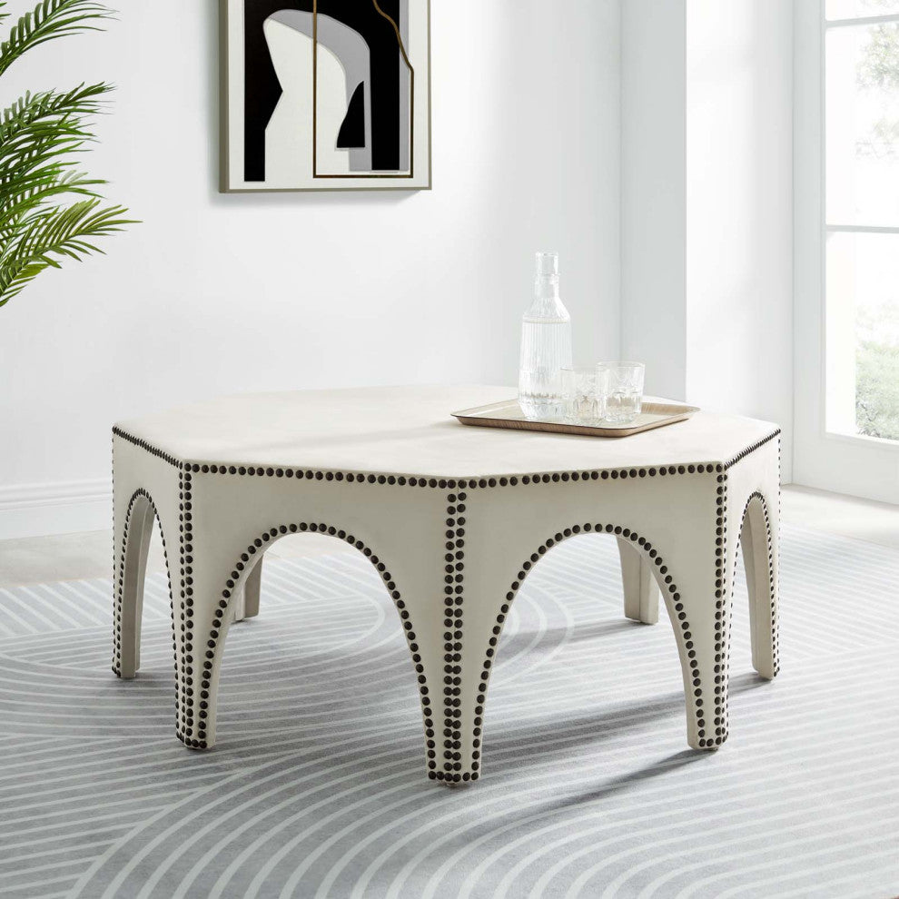 Ottoman Accent Chair, Nailhead, Ivory White, Velvet, Modern Lounge Cafe