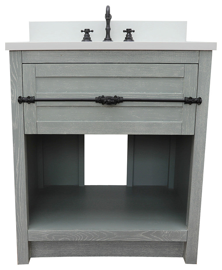 30" Single Vanity, Gray Ash, White Engineered Stone Top, Oval Sink