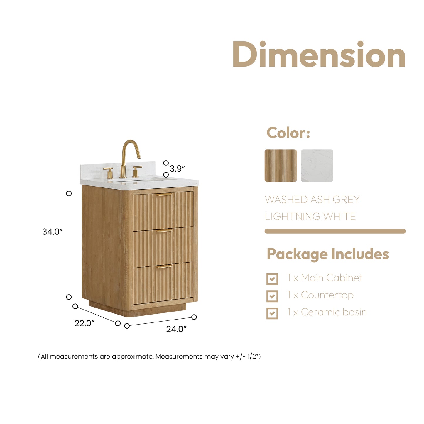 Vinnova Cadiz Bath Vanity, Composite Stone Top, Washed Ash Grey, 24", No Mirror