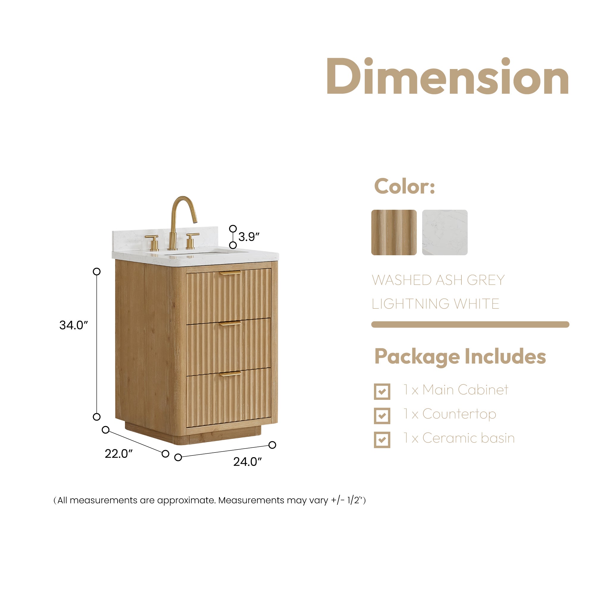 Vinnova Cadiz Bath Vanity, Composite Stone Top, Washed Ash Grey, 24", No Mirror