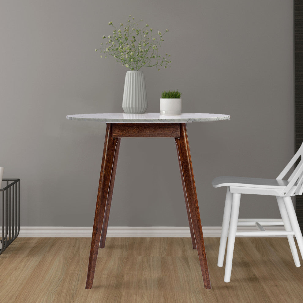 Avella 31" Round Italian Carrara White Marble Dining Table With Walnut Legs