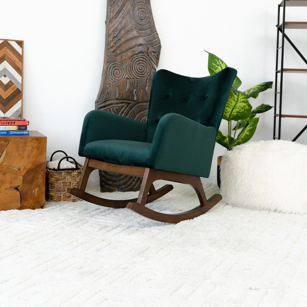 Charlotte Mid-Century Tufted Back Velvet Upholstered Rocking Chair, Green