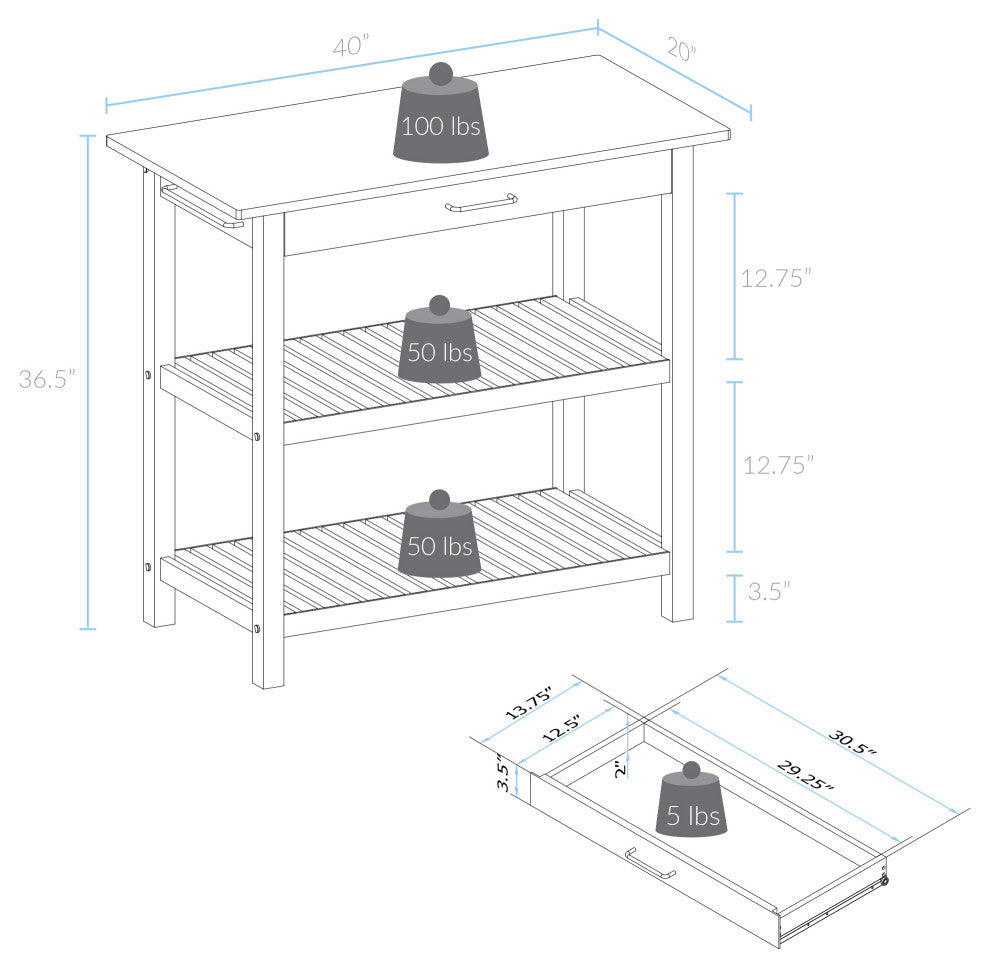 Kitchen Island With Solid Wood Top, Grey