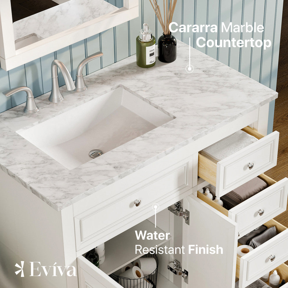 Eviva Monroe 36" Transitional Vanity With White Carrara Top, White