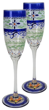 Blue Floral Champagne Glasses, Set of 2