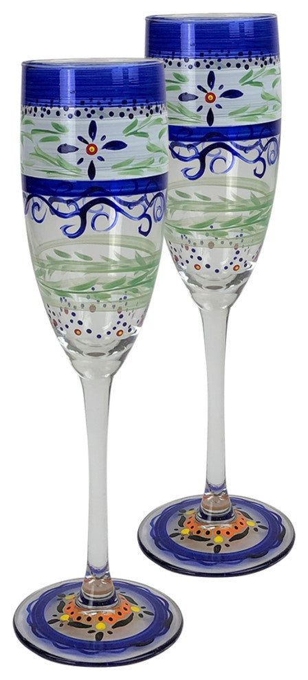 Blue Floral Champagne Glasses, Set of 2