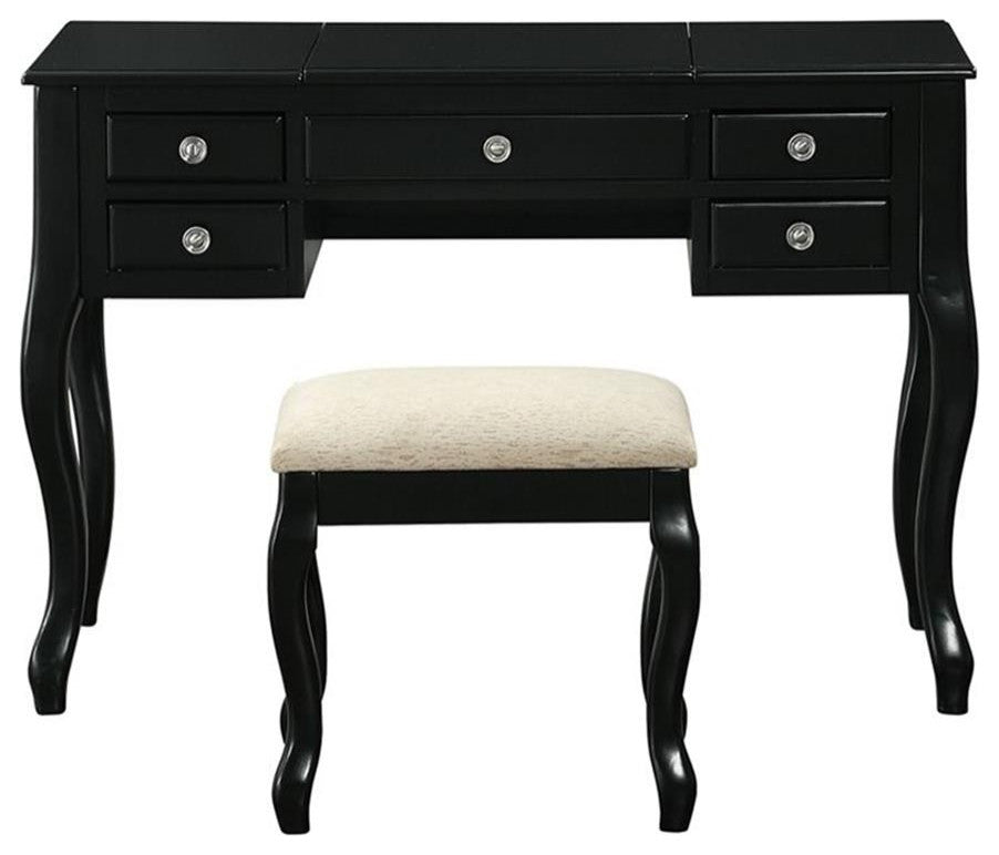 Poundex Furniture Wood Vanity Set with Stool and Mirror in Black
