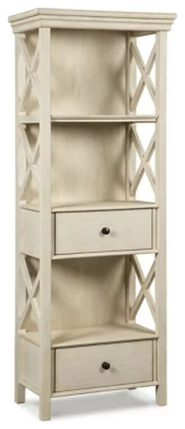 Farmhouse Bookcase, 2 Drawers & Open Shelves With X-Shaped Sides, Antique White
