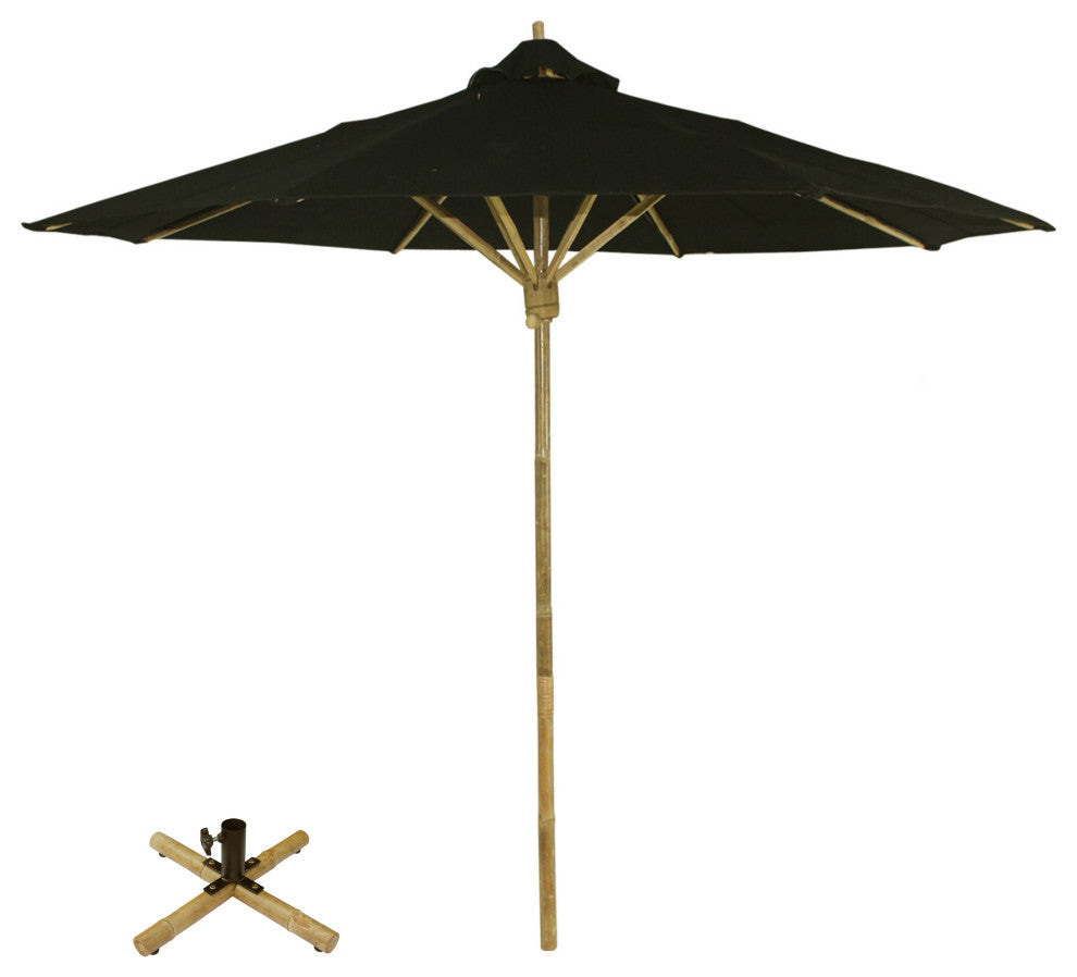 Handcrafted Bamboo Beach Patio Umbrella With Base, Black