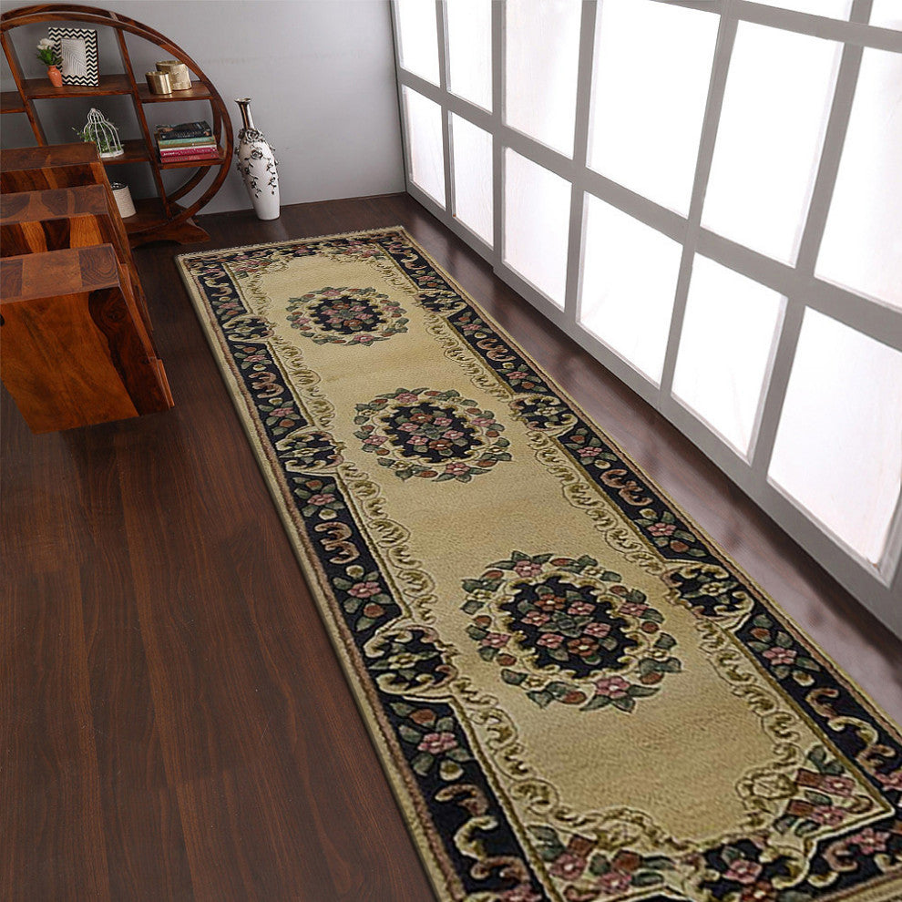 Hand Knotted Aras Wool Area Rug Oriental Ivory Blue
